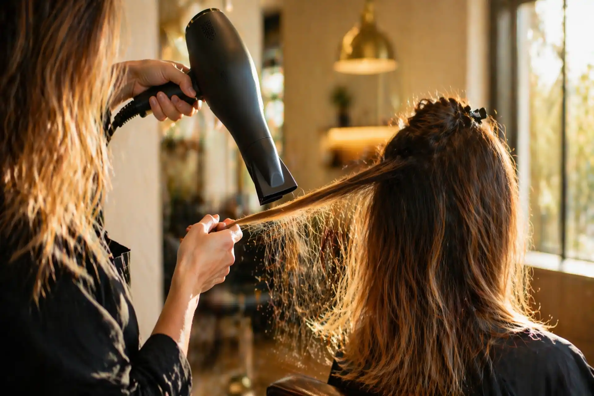 Coloriste appliquant la technique AirTouch au sèche-cheveux sur une section de cheveux en salon