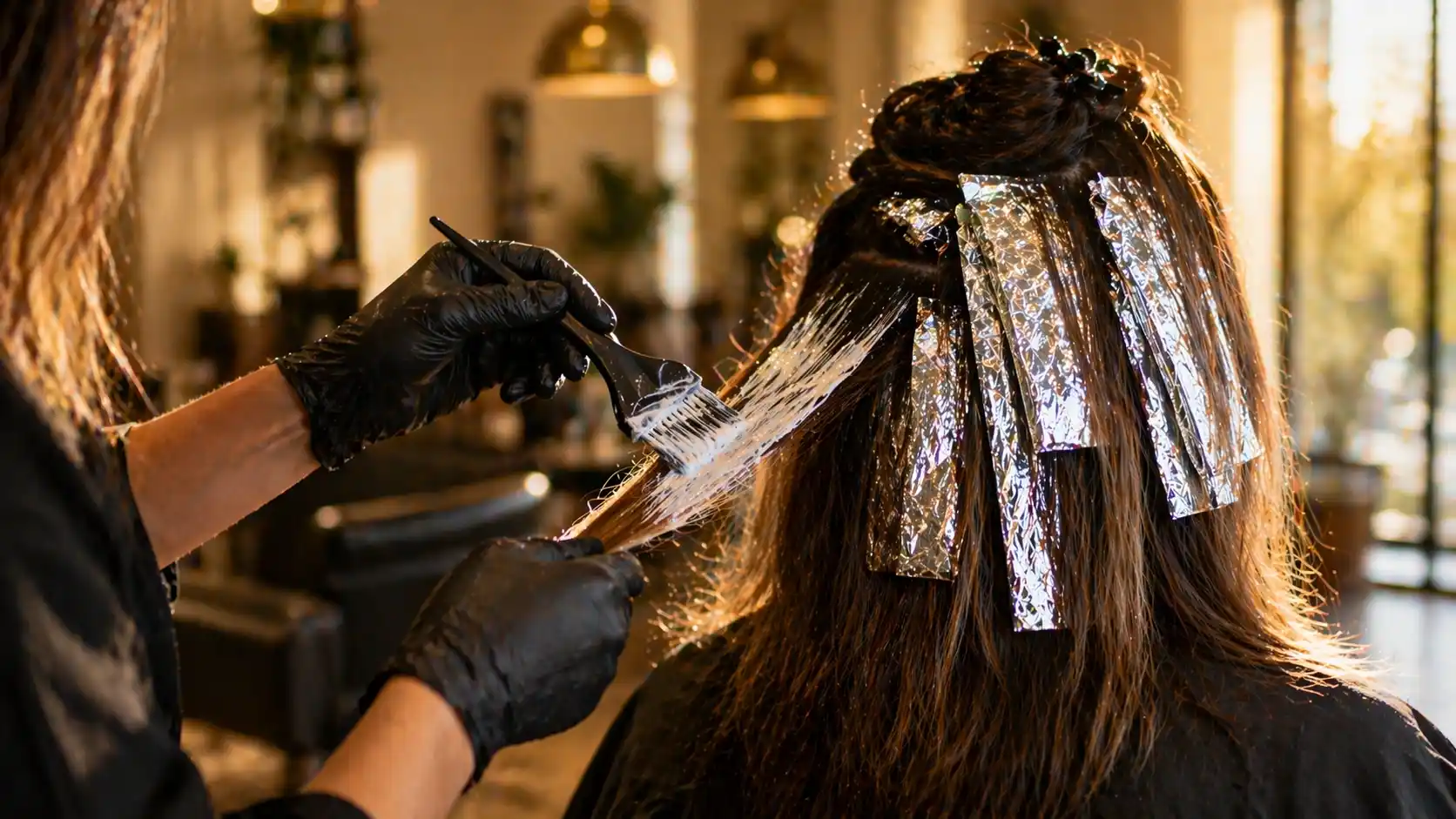 Cheveux avec papillotes en aluminium lors d'un foilyage dans un salon de coiffure