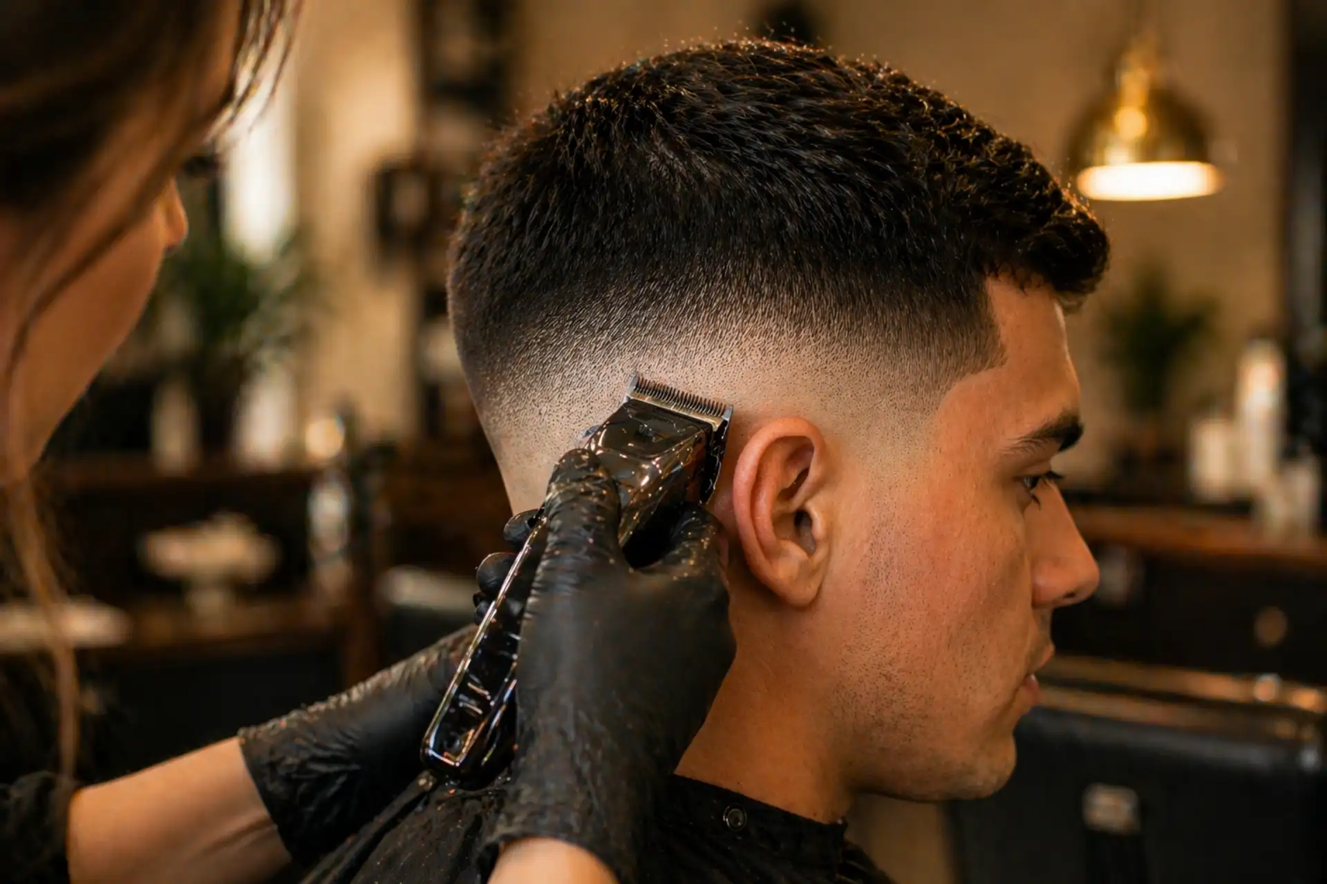 Barbière réalisant un dégradé à la tondeuse sur le profil d'un client homme en salon