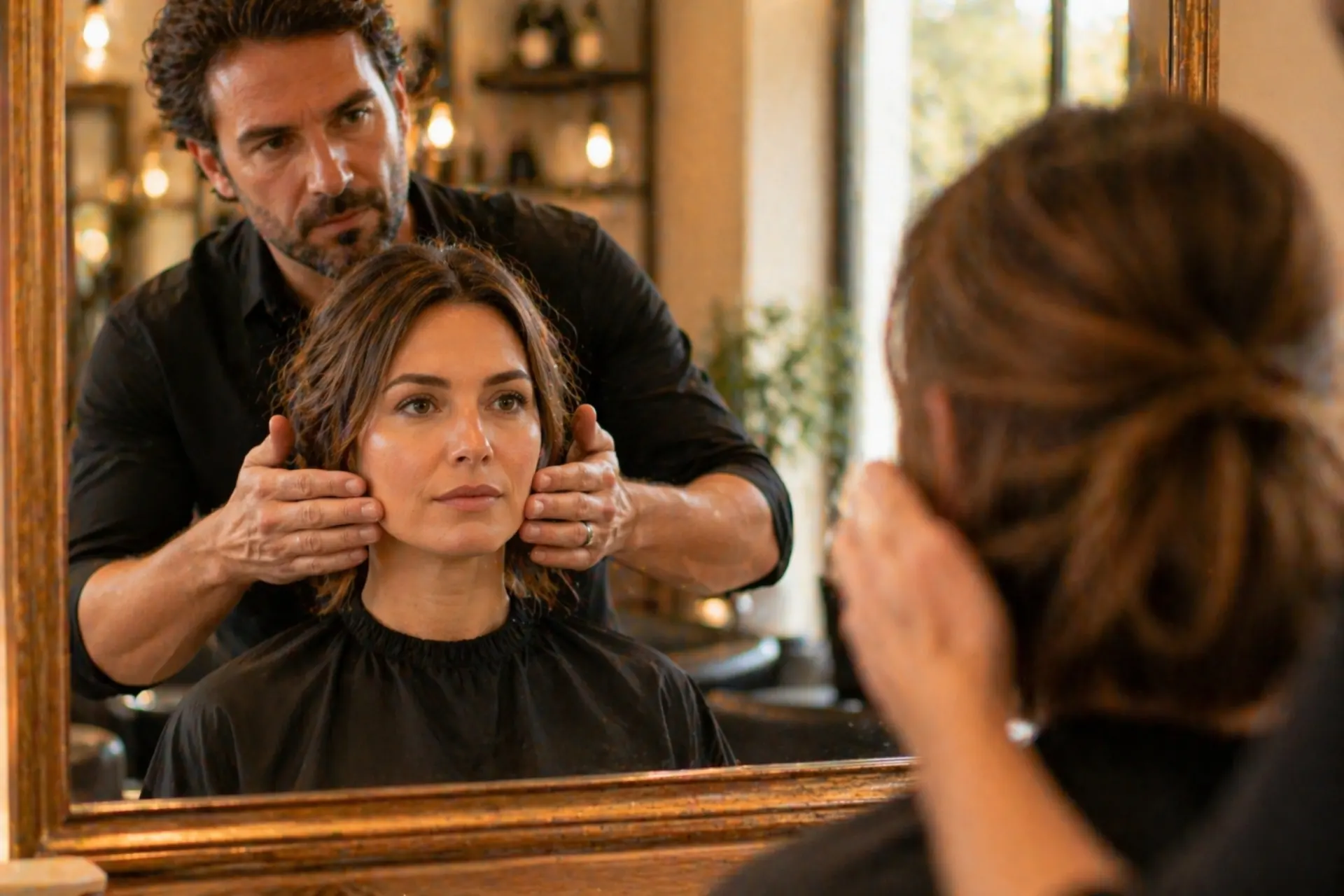 Coiffeur visagiste en consultation face à une cliente dans un salon de coiffure