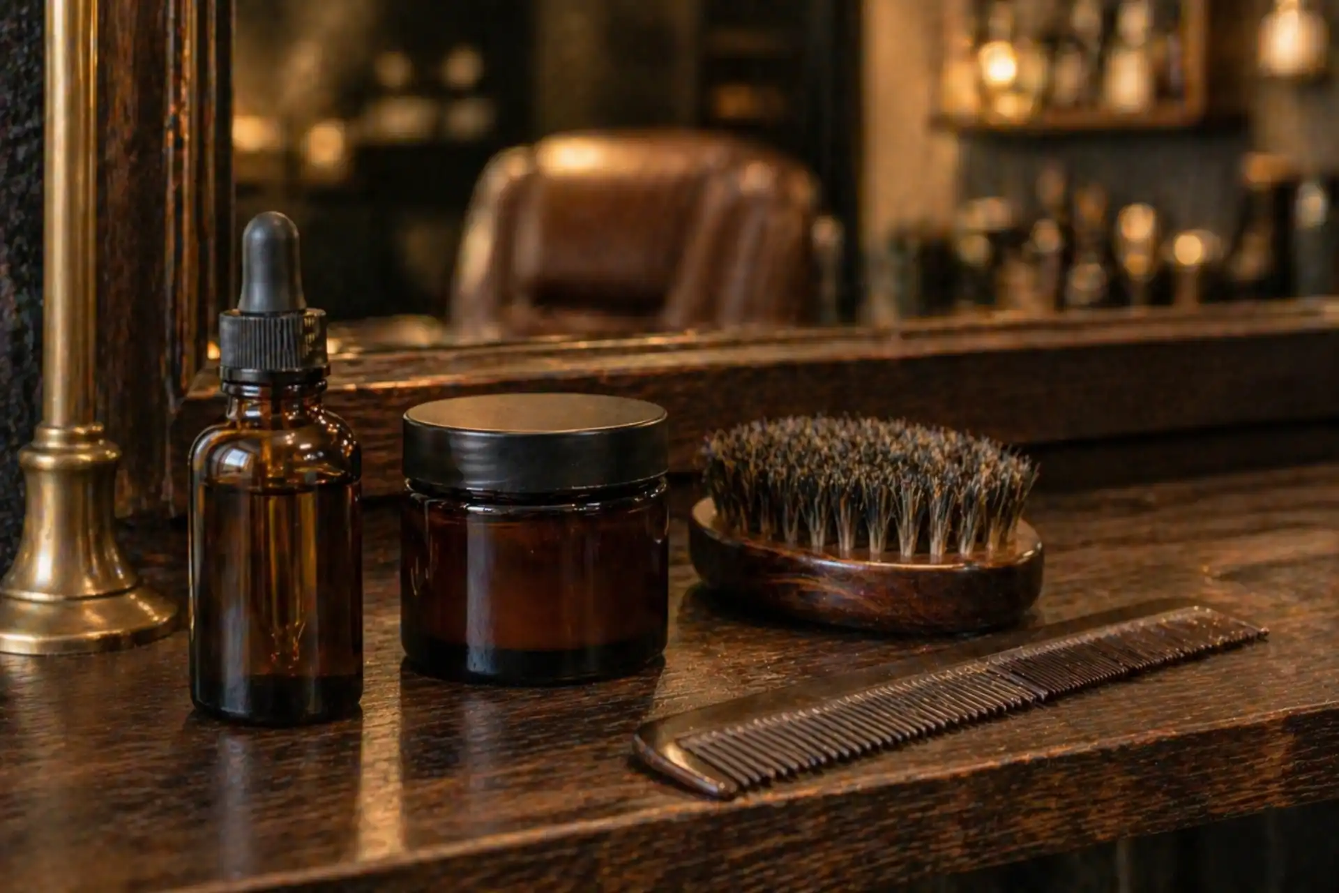 Produits d'entretien barbe posés sur une étagère de bois dans un espace barbier