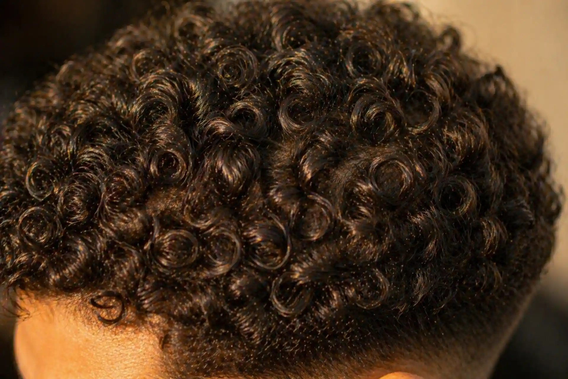 Gros plan sur des cheveux frisés type 3 en boucles spiralées, vue de dessus