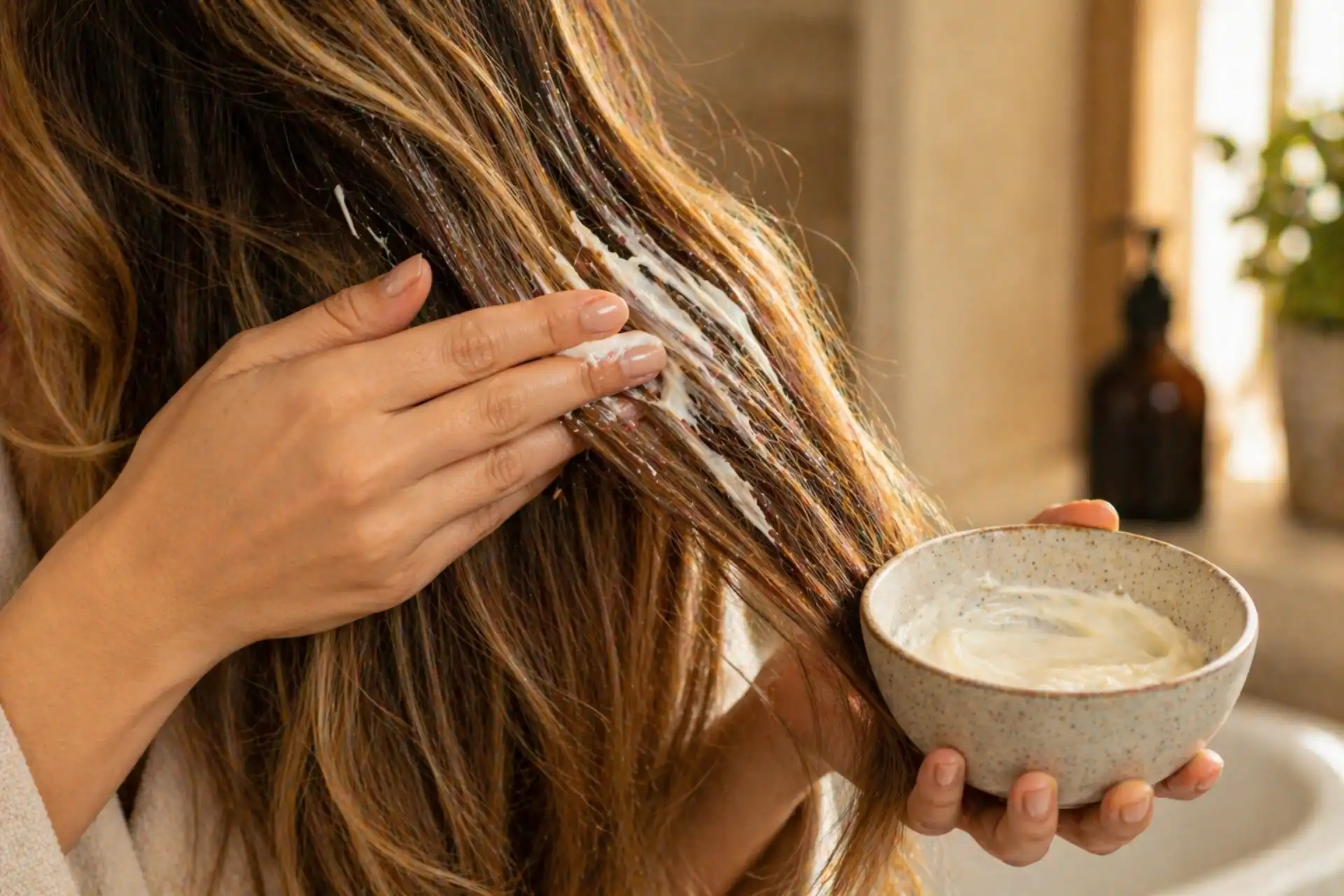Application d'un masque capillaire sur des longueurs avec balayage blond